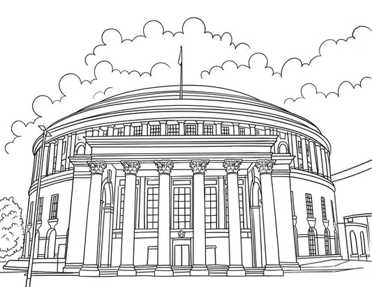 Black and white line drawing of Manchester Central Library, a large circular building with columns and a dome.