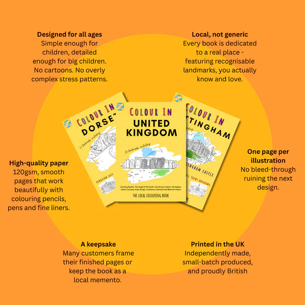 Three books titled 'Colour in Dorset', 'Colour in United Kingdom', and 'Colour in Tingham' on an orange background with text about the books.