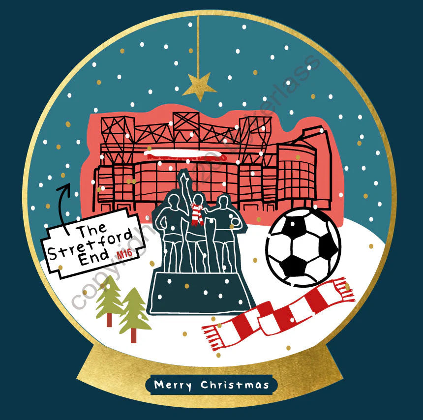 Manchester Old Trafford Football Snow Globe Christmas Card