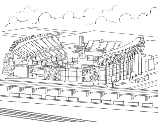Black and white line drawing of a stadium with a clear sky