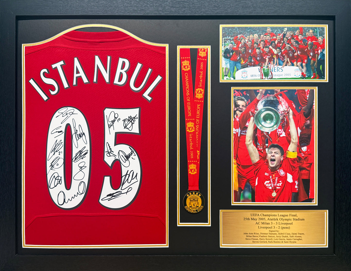 Framed Liverpool 2005 Champions League Final Retro Shirt medal display