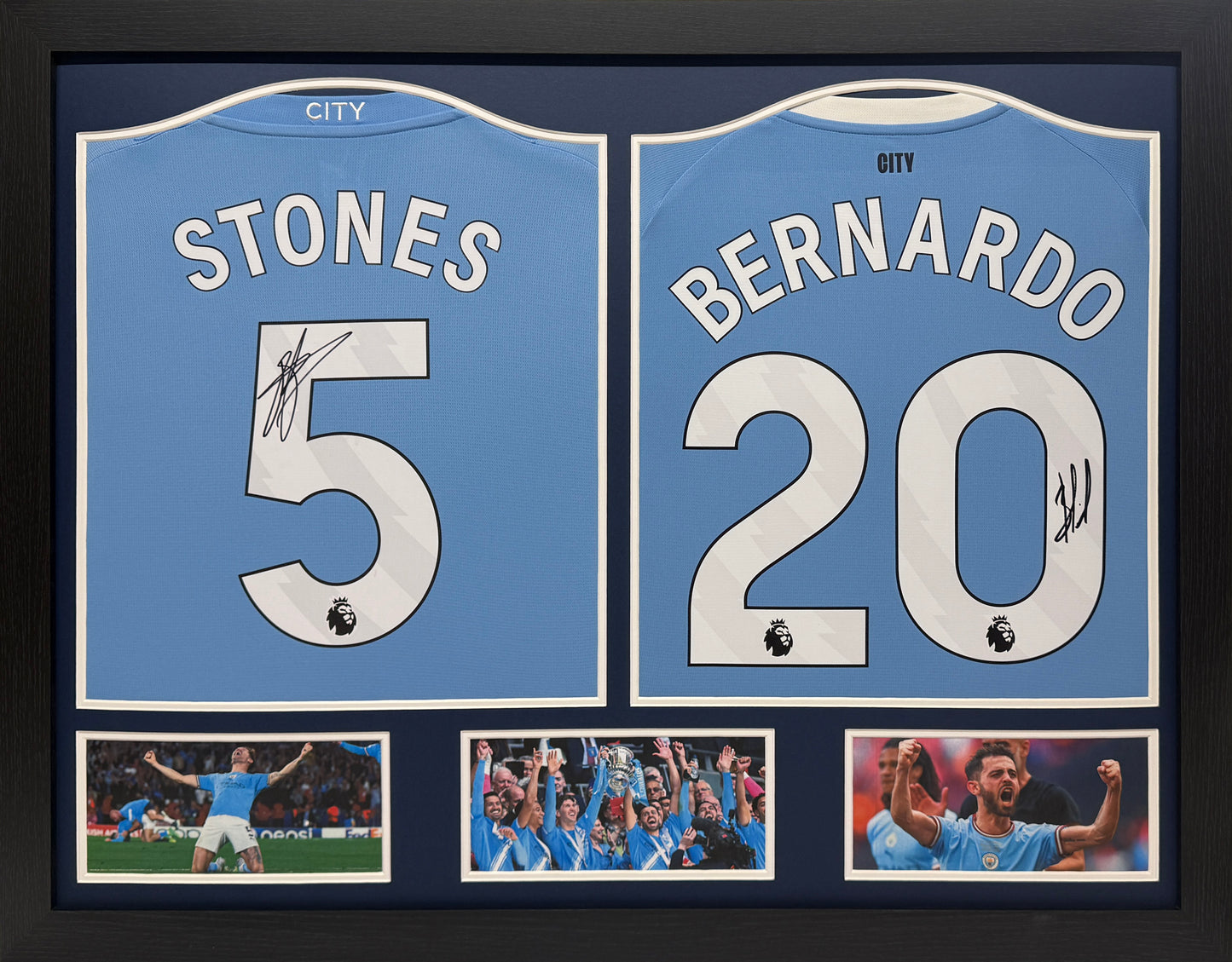 Framed Bernardo Silva & John Stones double signed Manchester City Shirt display