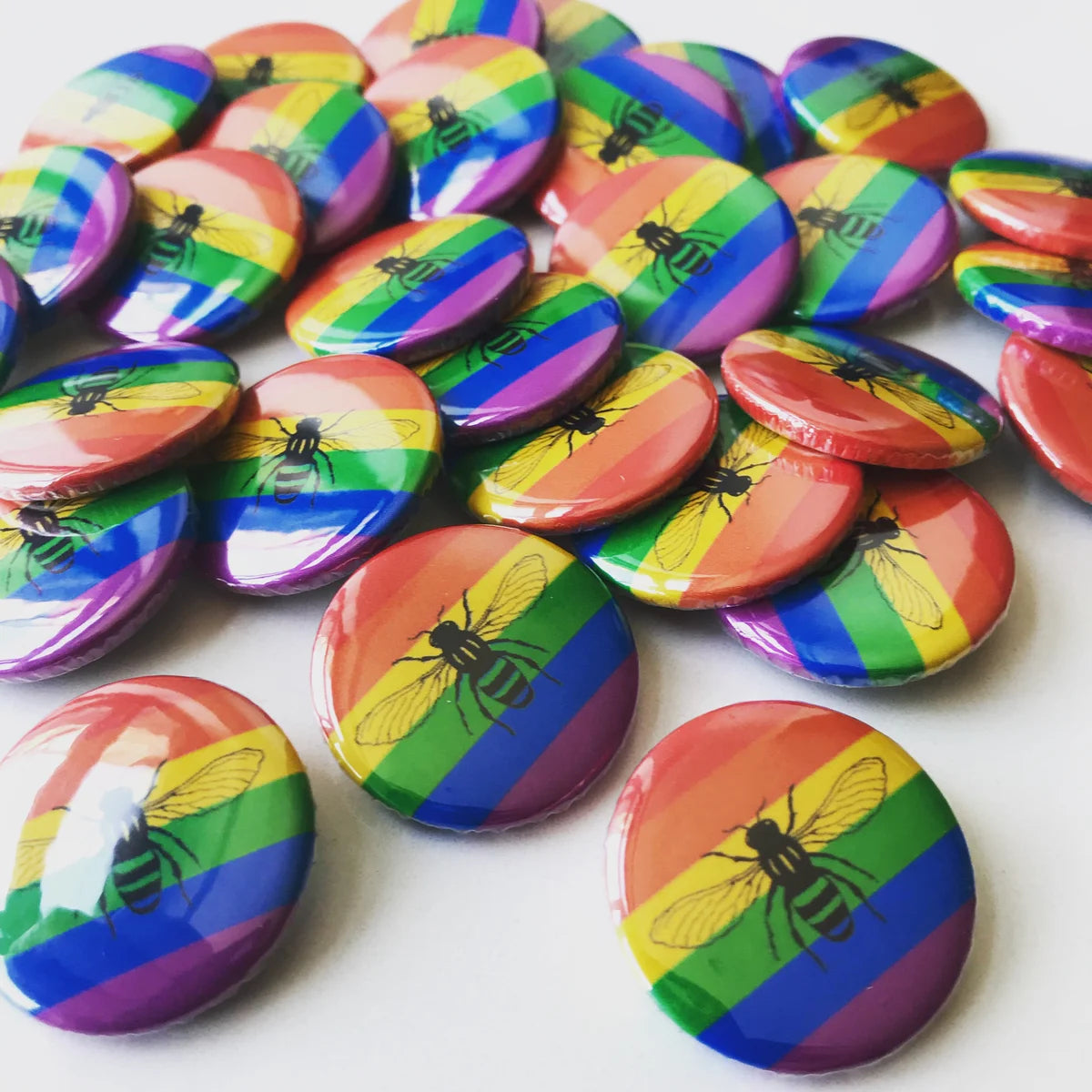 Manchester Bee Rainbow Pride Button Badge - The Manchester Bee Co.