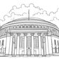 Black and white line drawing of Manchester Central Library, a large circular building with columns and a dome.