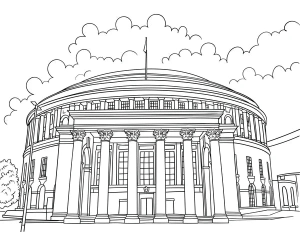 Black and white line drawing of Manchester Central Library, a large circular building with columns and a dome.