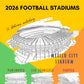 Book cover of 'Colour In 2026 Football Stadiums' with stadium illustrations and text on a colorful background.