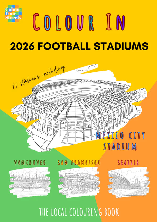 Book cover of 'Colour In 2026 Football Stadiums' with stadium illustrations and text on a colorful background.