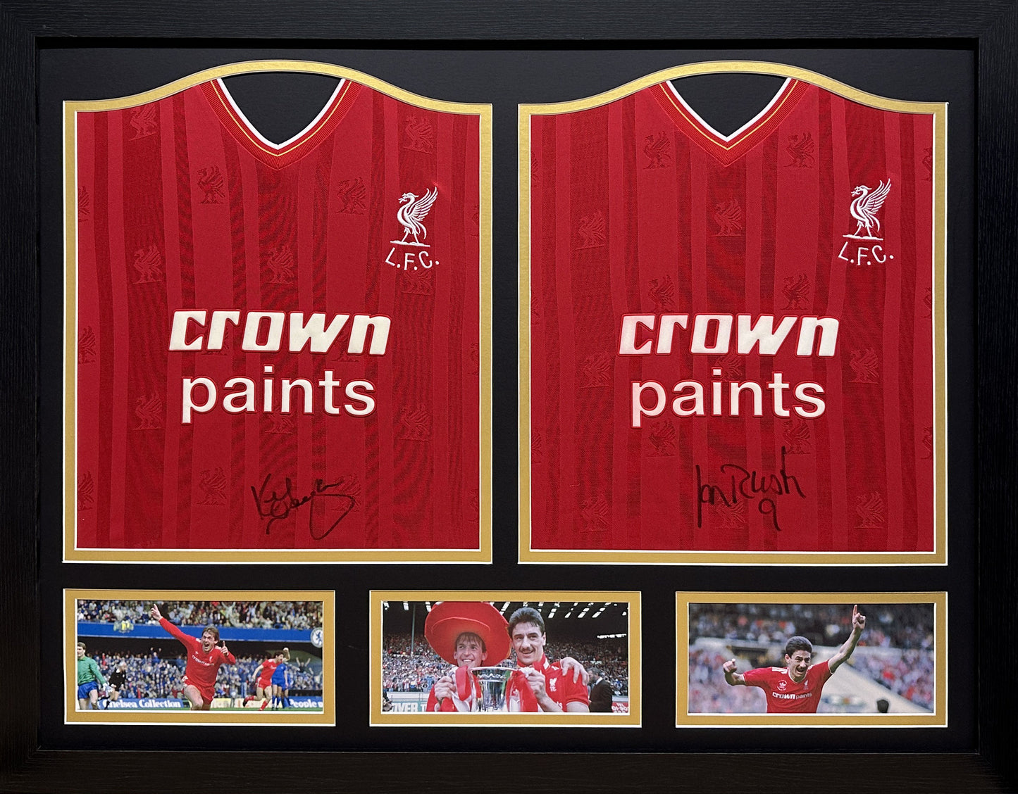 Framed Dalglish & Rush double signed Liverpool Shirt display