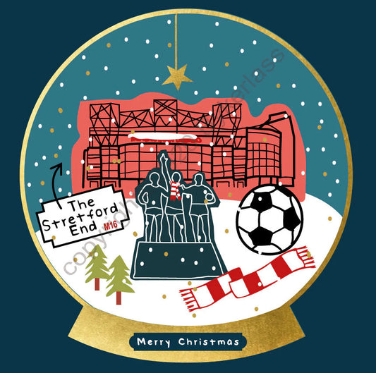 Manchester Old Trafford Football Snow Globe Christmas Card