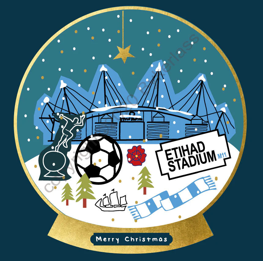 Manchester Etihad Football Snow Globe Christmas Card