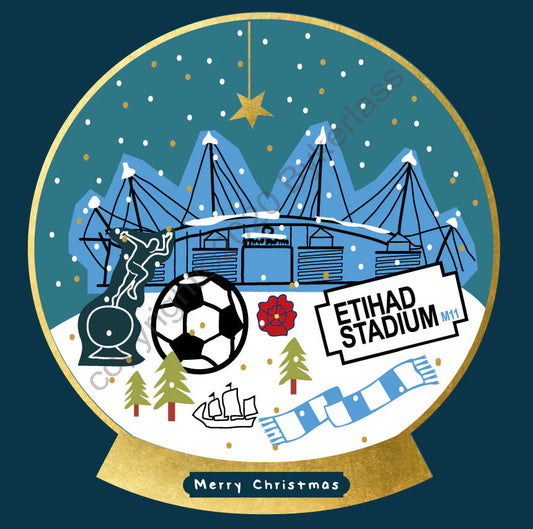 Manchester Etihad Football Snow Globe Christmas Card