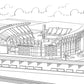 Black and white line drawing of a stadium with a clear sky