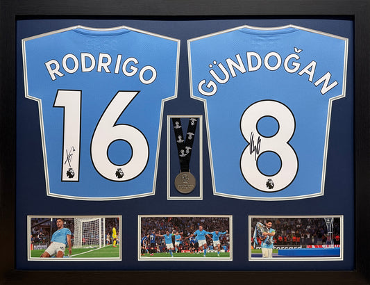Rodri and Gundogan Signed Manchester City Shirts Display