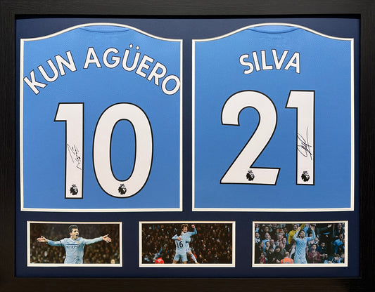 Sergio Aguero & David Silva double Signed Manchester City Shirt Display
