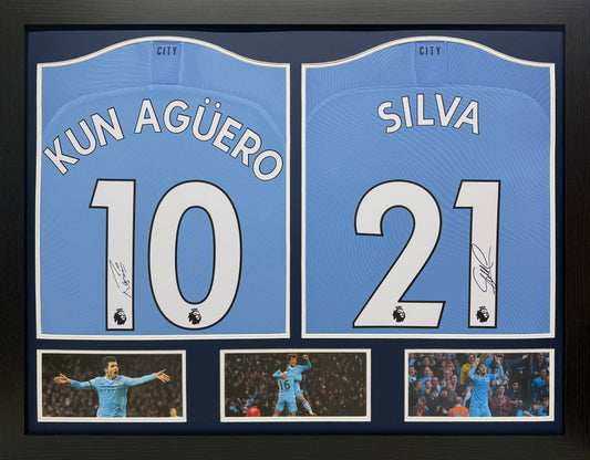 Sergio Aguero & David Silva double Signed Manchester City Shirt Display
