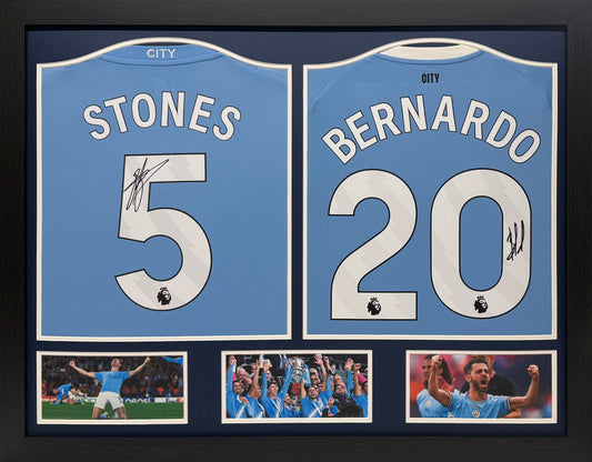 Framed Bernardo Silva & John Stones double signed Manchester City Shirt display
