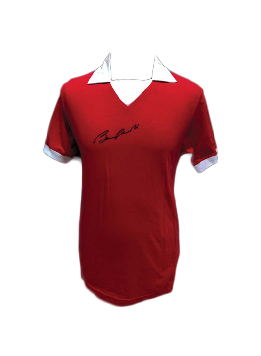 Manchester United embroidered shirt signed by Bobby Charlton