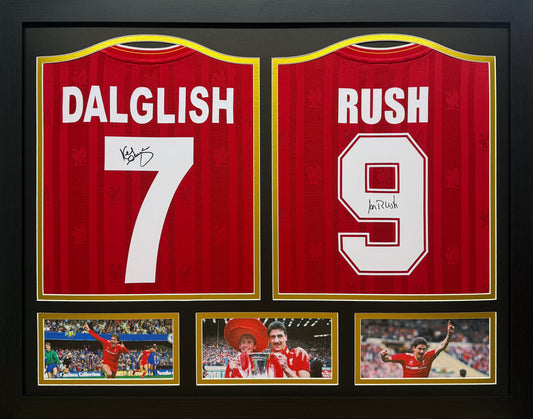 Framed Dalglish & Rush double signed Liverpool Shirt display