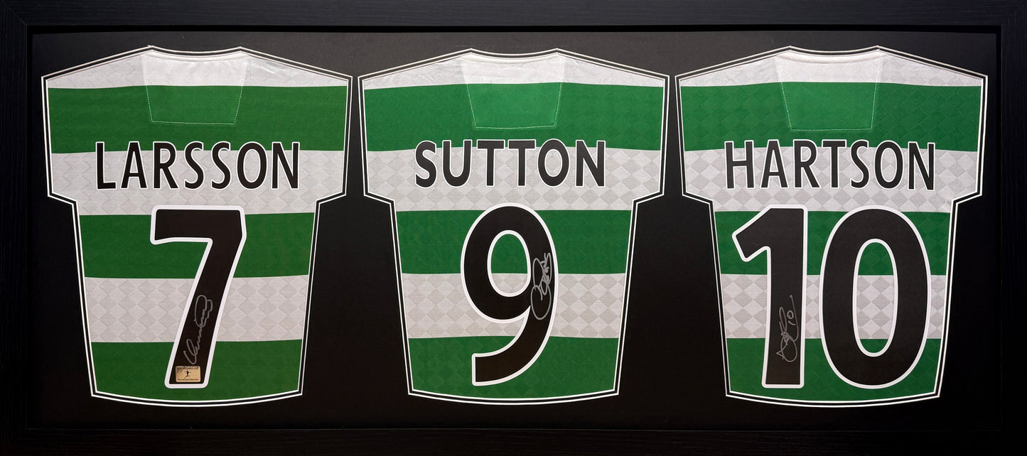 Larsson/Hartson/Sutton signed 3 shirt display 