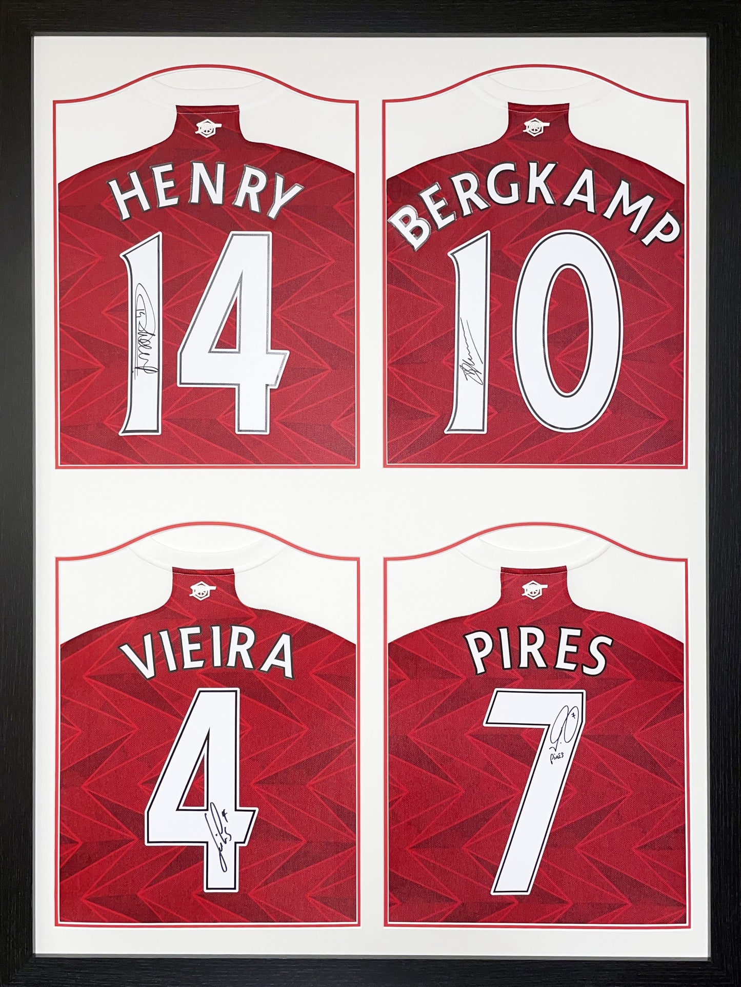 Henry, Bergkamp, Vieira & Pires 4 Signed Framed Shirts Display