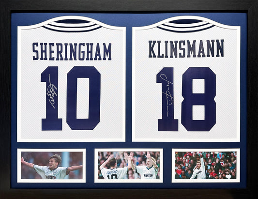 Framed Klinsmann & Sheringham Double Signed Tottenham Hotspur Shirt display