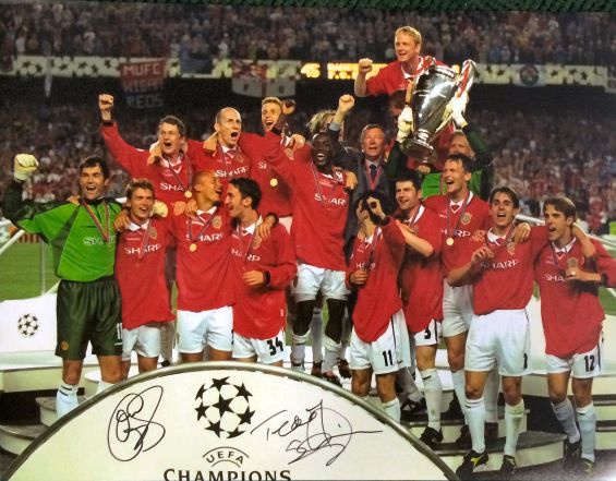 Solskjaer & Sheringham Dual Signed 1999 Champions League Final Photo