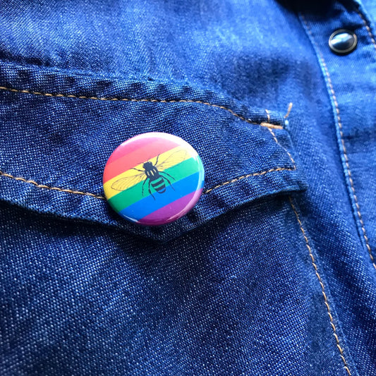 Manchester Bee Rainbow Pride Button Badge - The Manchester Bee Co.